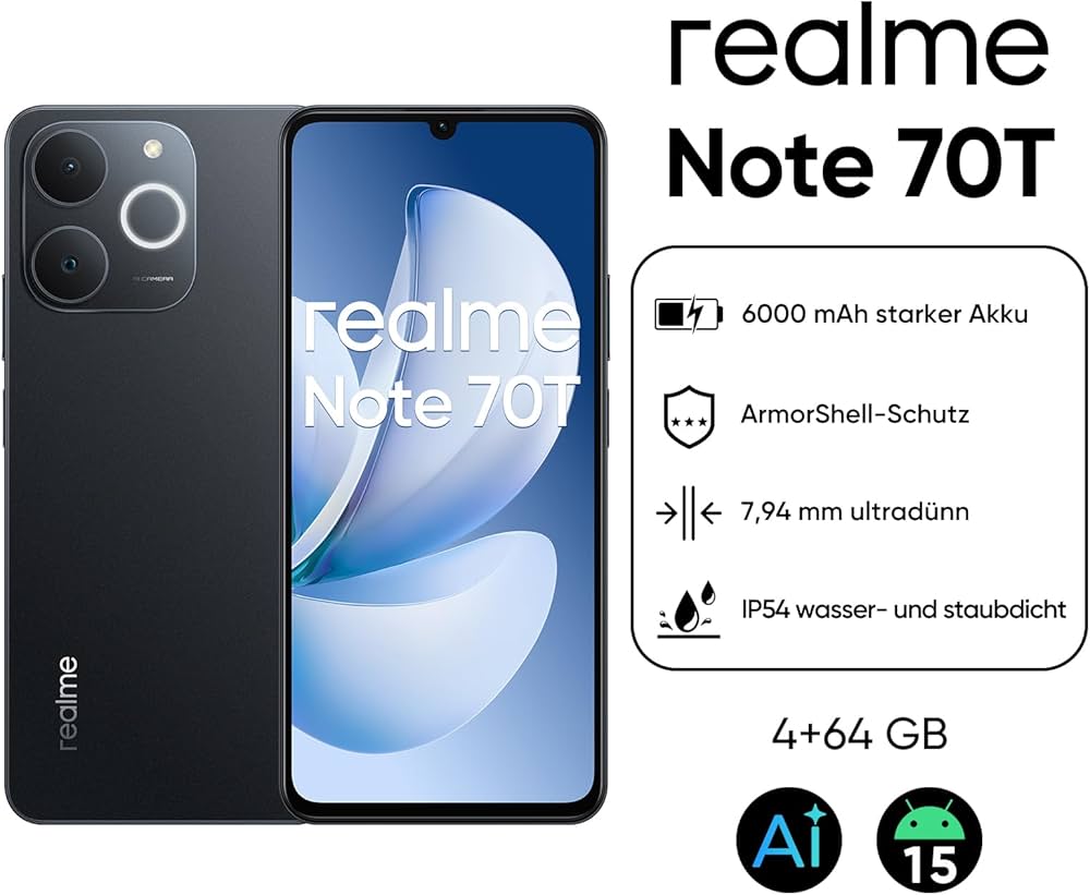 realme Note 70T Smartphone, 4+64 GB, 90 Hz HD-Display, 6,75 Zoll realme Note 70T Smartphone, 4+64 GB, 90 Hz HD-Display, 6,75 Zoll